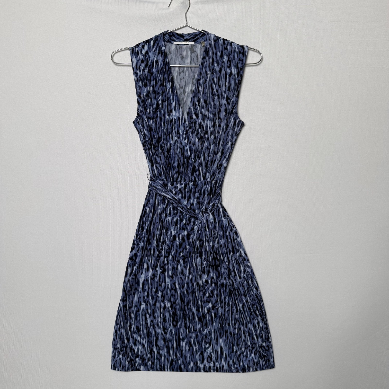 T Tahari Blue Printed Sleeveless Sheath Dress Xs Tie Waist Cocktail Summer $159